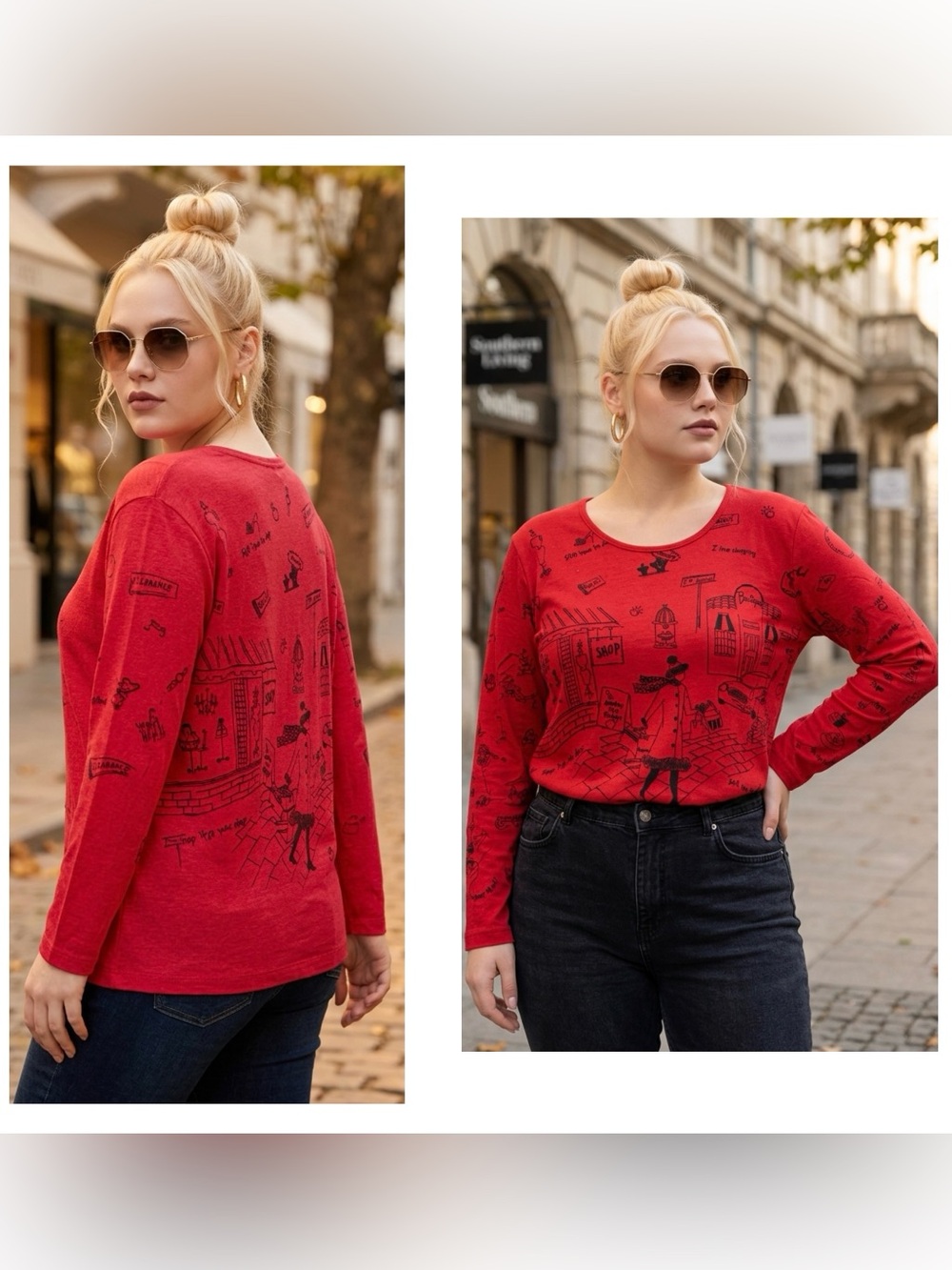 Vintage 90s Women Sz L/XL Southern Lady Red Novelty Line-Art Fashion Sketch Top